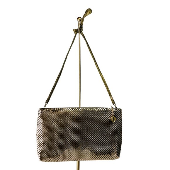 Vintage 1980's Whiting and Davis Gold Metal Mesh High Rise Convertible Crossbody - Picture 2 of 7